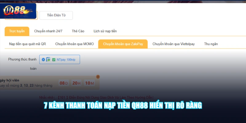 7 kênh thanh toán nạp tiền QH88 hiển thị rõ ràng